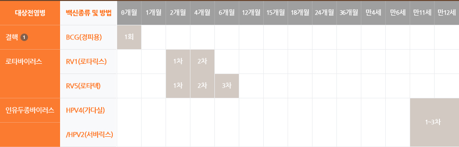 기타예방접종의 대상전염병, 백신종류 및 방법, 0개월, 1개월, 2개월, 4개월, 6개월, 12개월, 15개월, 18개월, 24개월, 36개월, 만4세, 만6세, 만11세, 만12세의 표